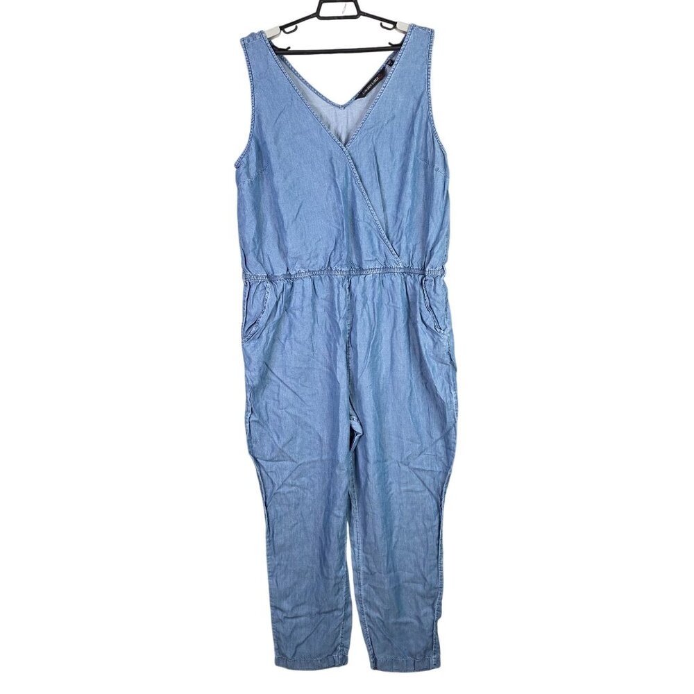 Womens Colleen Lopez Sleeveless Chambray Blue Denim Jumpsuit V-Neck Size 1X
